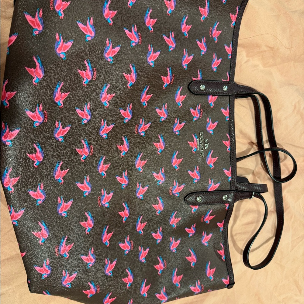 Coach Reversible Brown Tote with Pink and Blue Bird Design